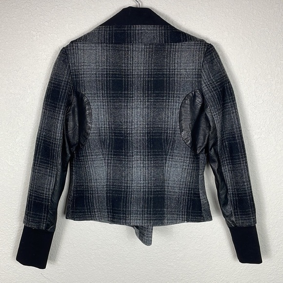 ALC Plaid Funnel Biker Moto Jacket Wool Black Gray Dark Academia Tartan Sz 4 - Picture 2 of 11
